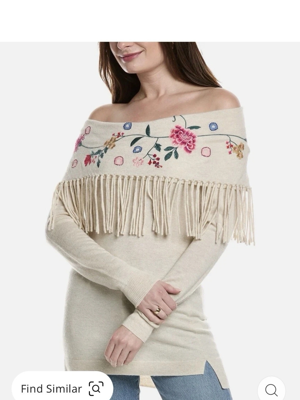 Off-Shoulder Cream Fringe Sweater with Floral Embroidery. Please Make Offer